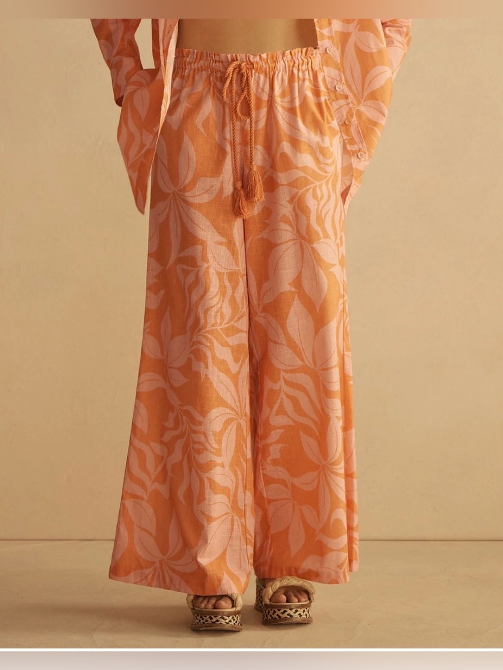 NWT AUR OCEÀ BRASILE Gathered Wide Leg Pant pink orange floral hibiscus